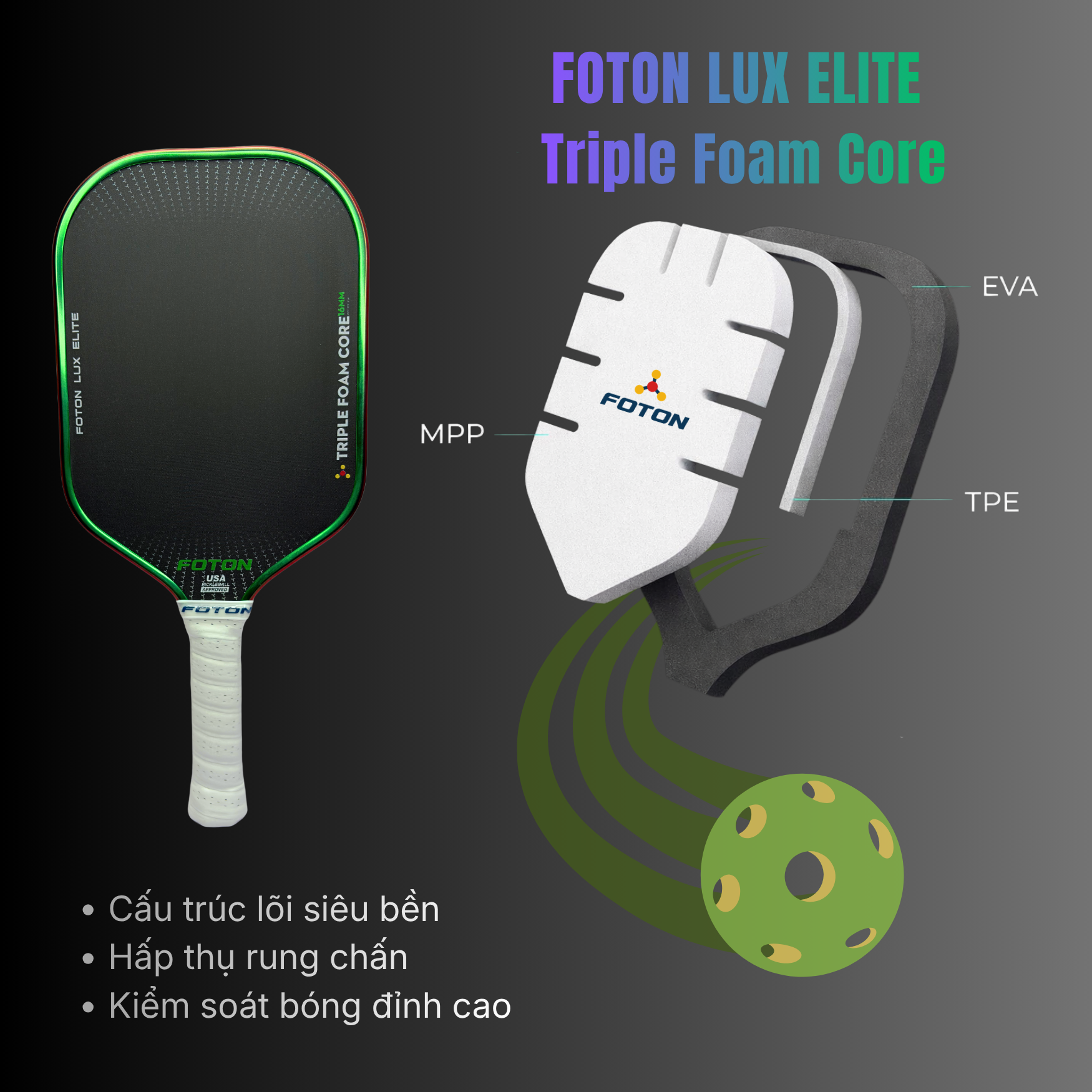 Vợt Pickleball Foton Lux Elite – Carbon Toray, Lõi 3 Lớp, Vợt Cao Cấp Giảm Rung, Tăng Sức Mạnh